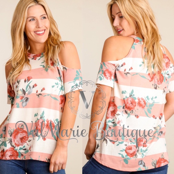 Coral striped floral cold shoulder top - Picture 3 of 3